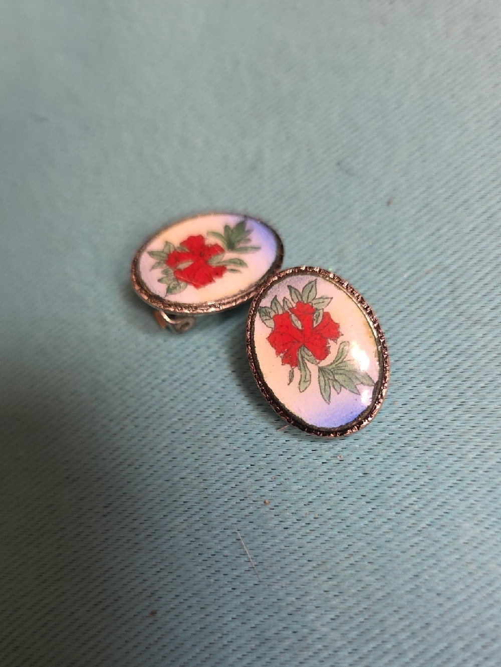 Floral Red Enamel Oval Clip-On Earrings - Women Jewelry